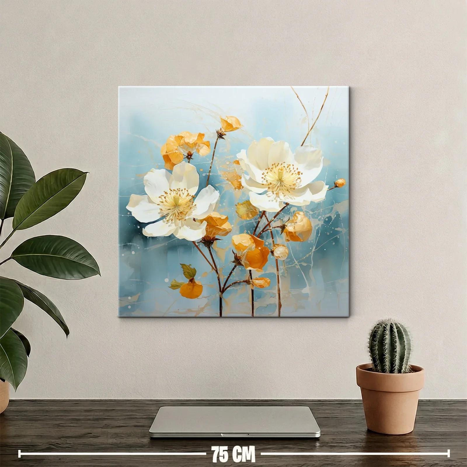 Cuadro con flores blancas y tonos cálidos sobre fondo azul — miniatura 2