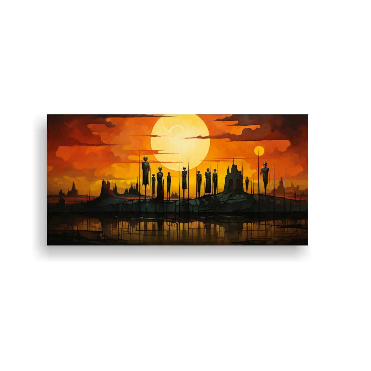 Cuadro ciudad futurista con gran sol y siluetas oscuras — imagen principal