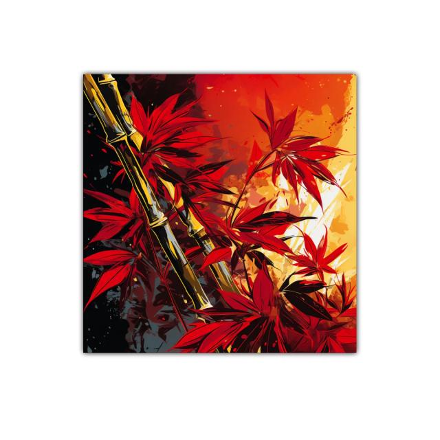 Bambú y hojas rojas en vibrante contraste cálido