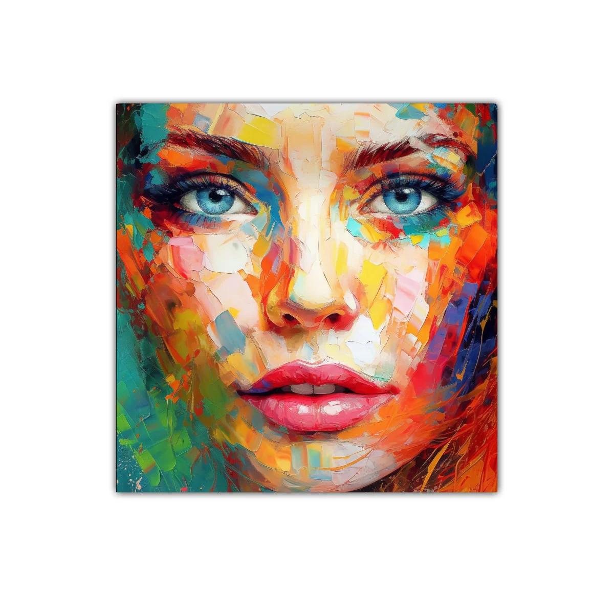 Retrato vibrante con rostro femenino y ojos azules profundos — imagen principal