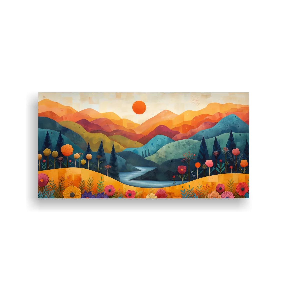 Cuadro paisaje de montañas con flores y curso de agua serpenteante