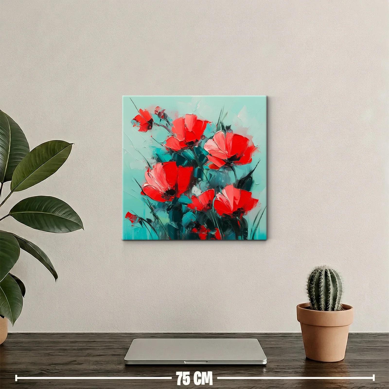 Cuadro floral con vibrantes amapolas rojas sobre fondo turquesa — miniatura 2