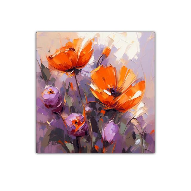 Cuadro floral vibrante con tonos naranja y morado