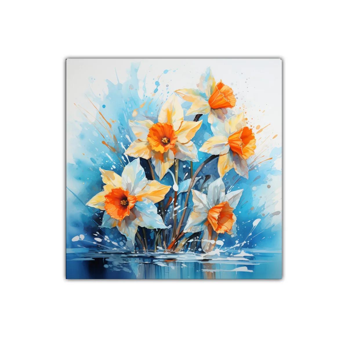 Cuadro floral vibrante con narcisos anaranjados y fondo azul — imagen principal