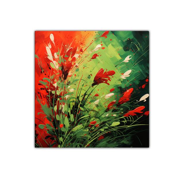 Cuadro vibrante con explosión de flores rojas y verdes