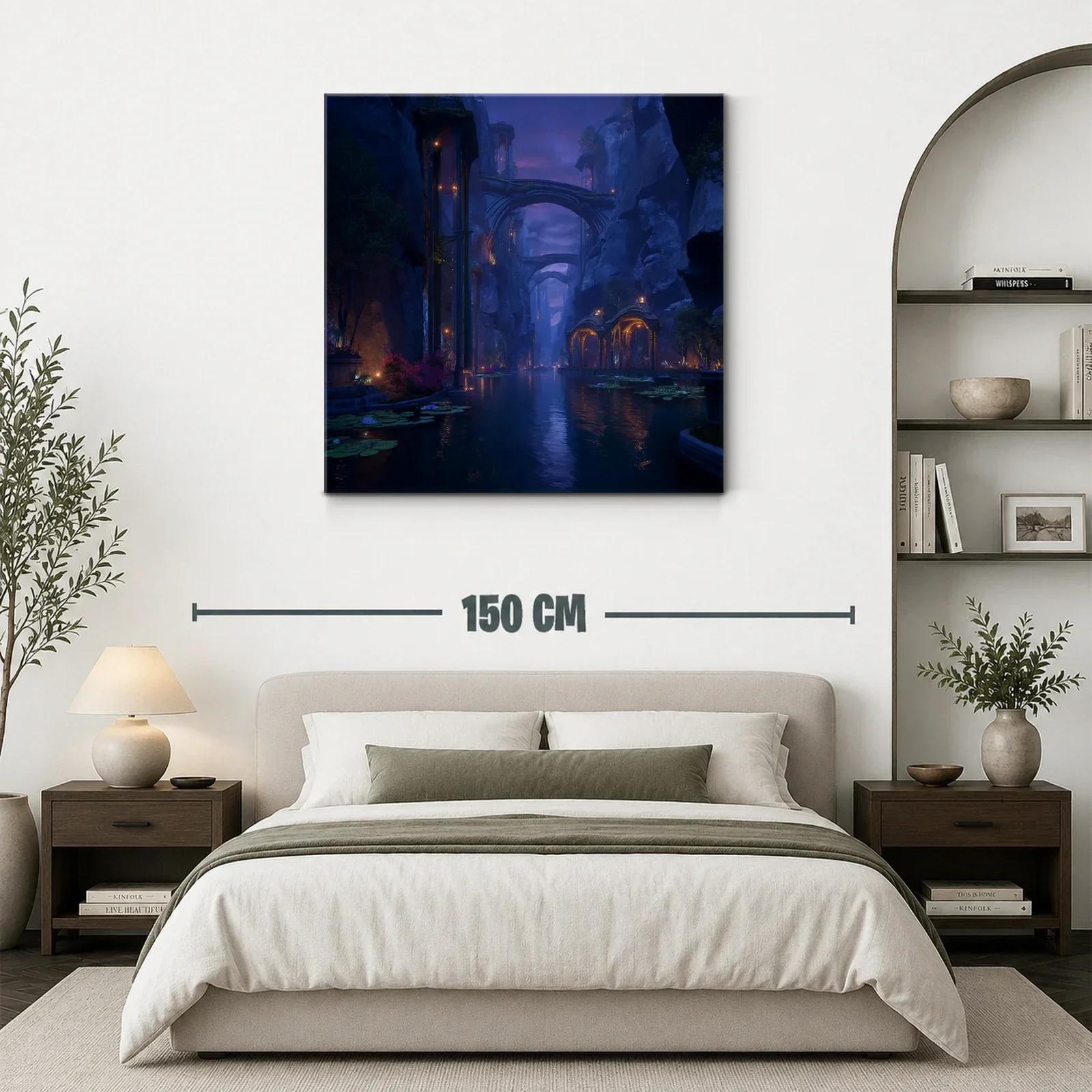 Paisaje nocturno místico en cañón con arcos iluminados — miniatura 3