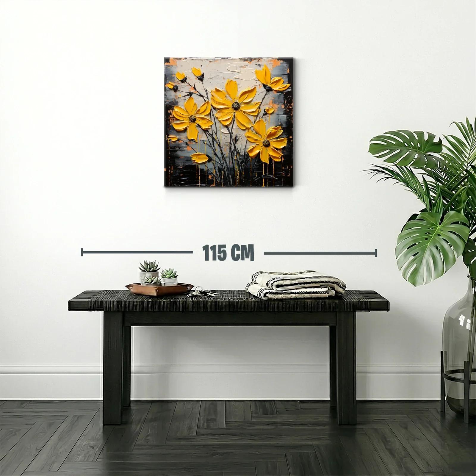 Cuadro moderno con flores amarillas vibrantes y fondo abstracto — miniatura 2