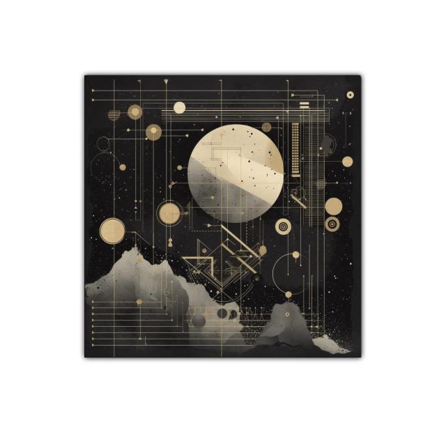 Composición abstracta con formas geométricas y luna estilizada