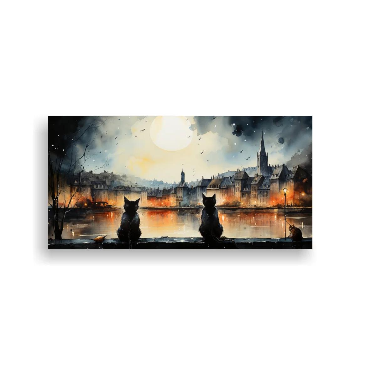 Cuadro dos gatos negros junto al agua con ciudad iluminada