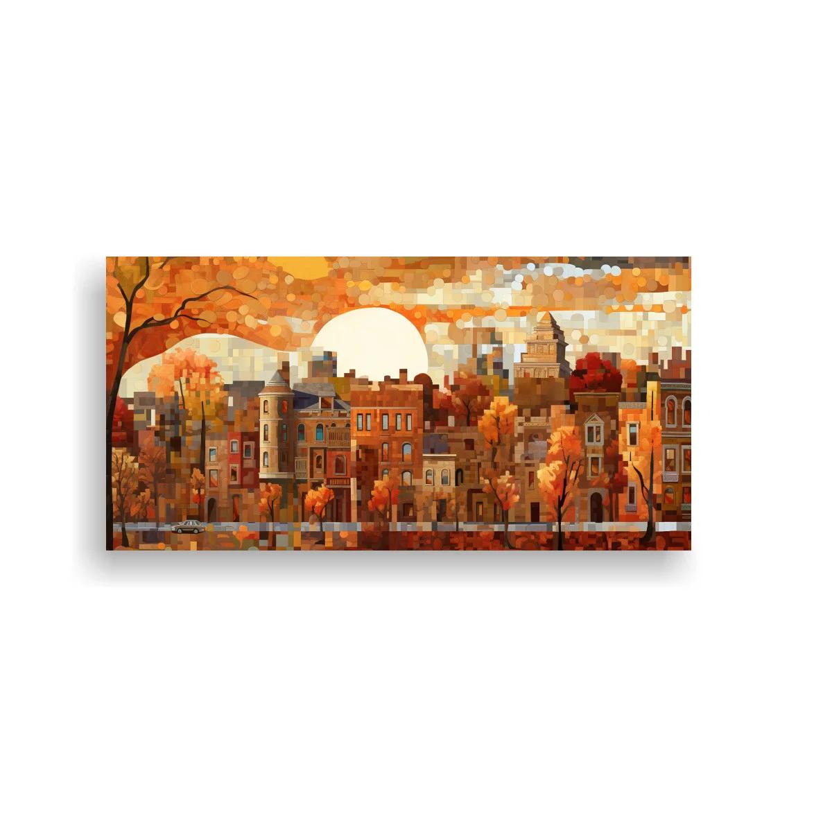 Cuadro paisaje urbano otoñal con sol grande