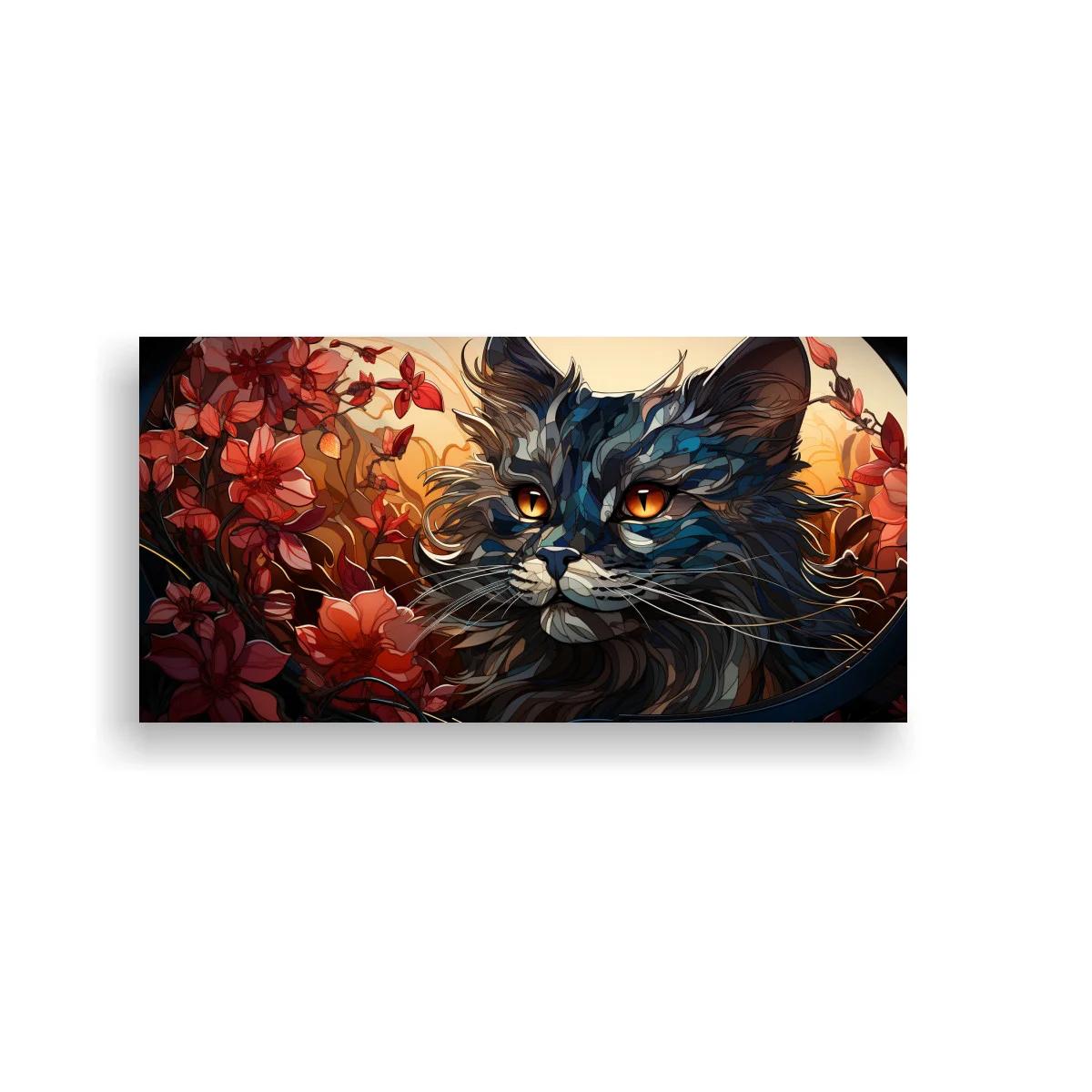 Cuadro gato de pelo largo con flores rojas y fondo claro