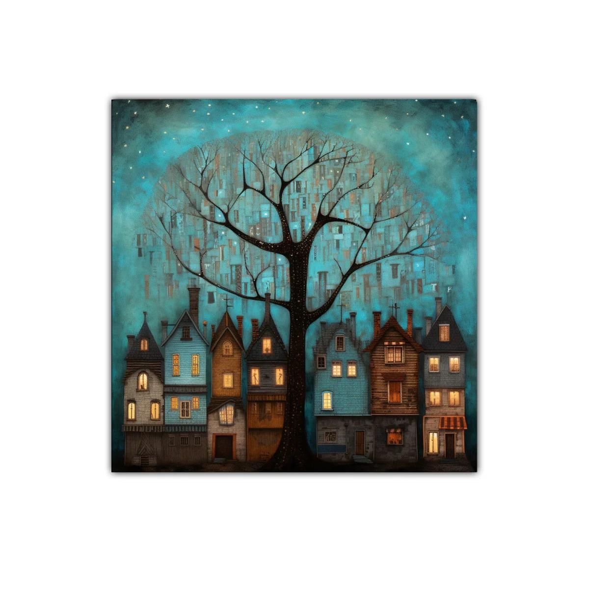 Encantador paisaje nocturno con casas y árbol iluminado