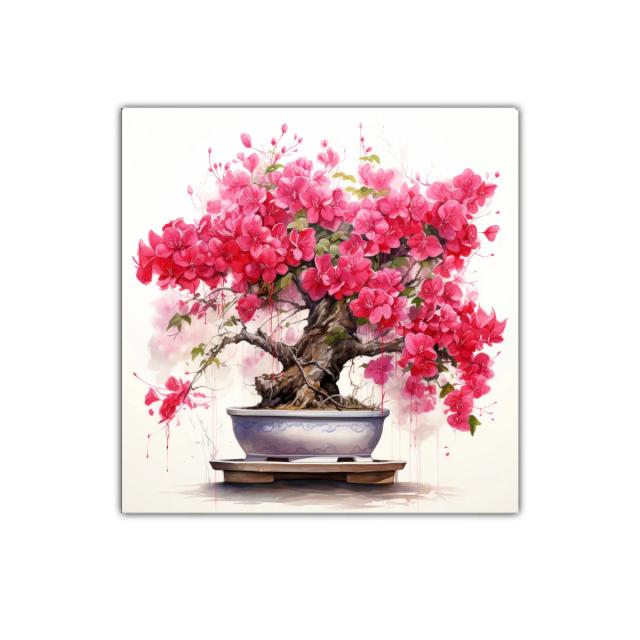 Cuadro decorativo con bonsái y flores fucsias vibrantes
