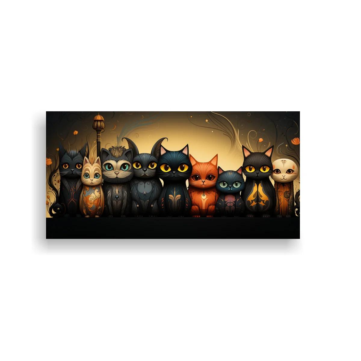 Cuadro grupo de gatos con farol antiguo y remolinos dorados