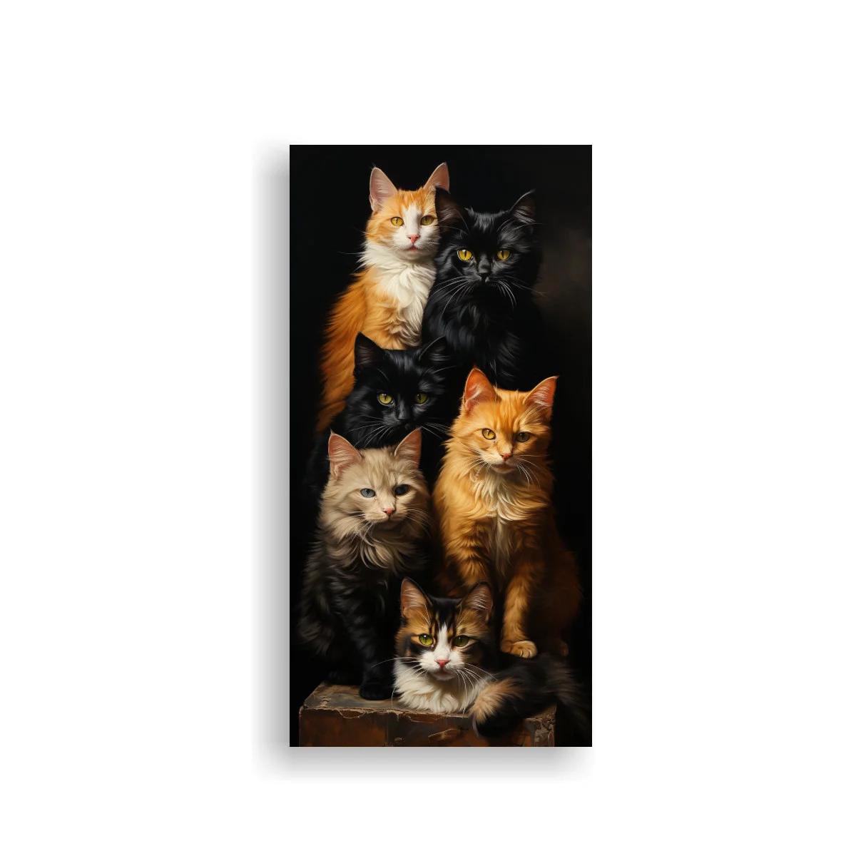 Cuadro grupo de cinco gatos apilados