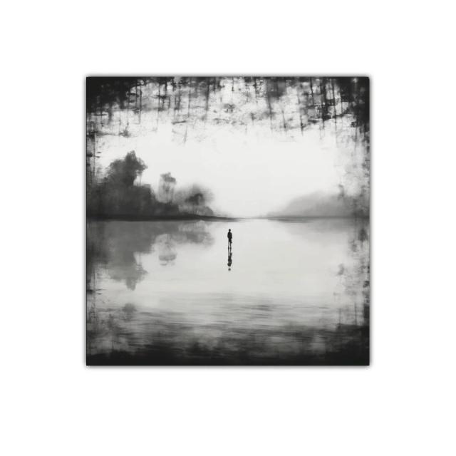 Paisaje minimalista en blanco y negro con figura solitaria