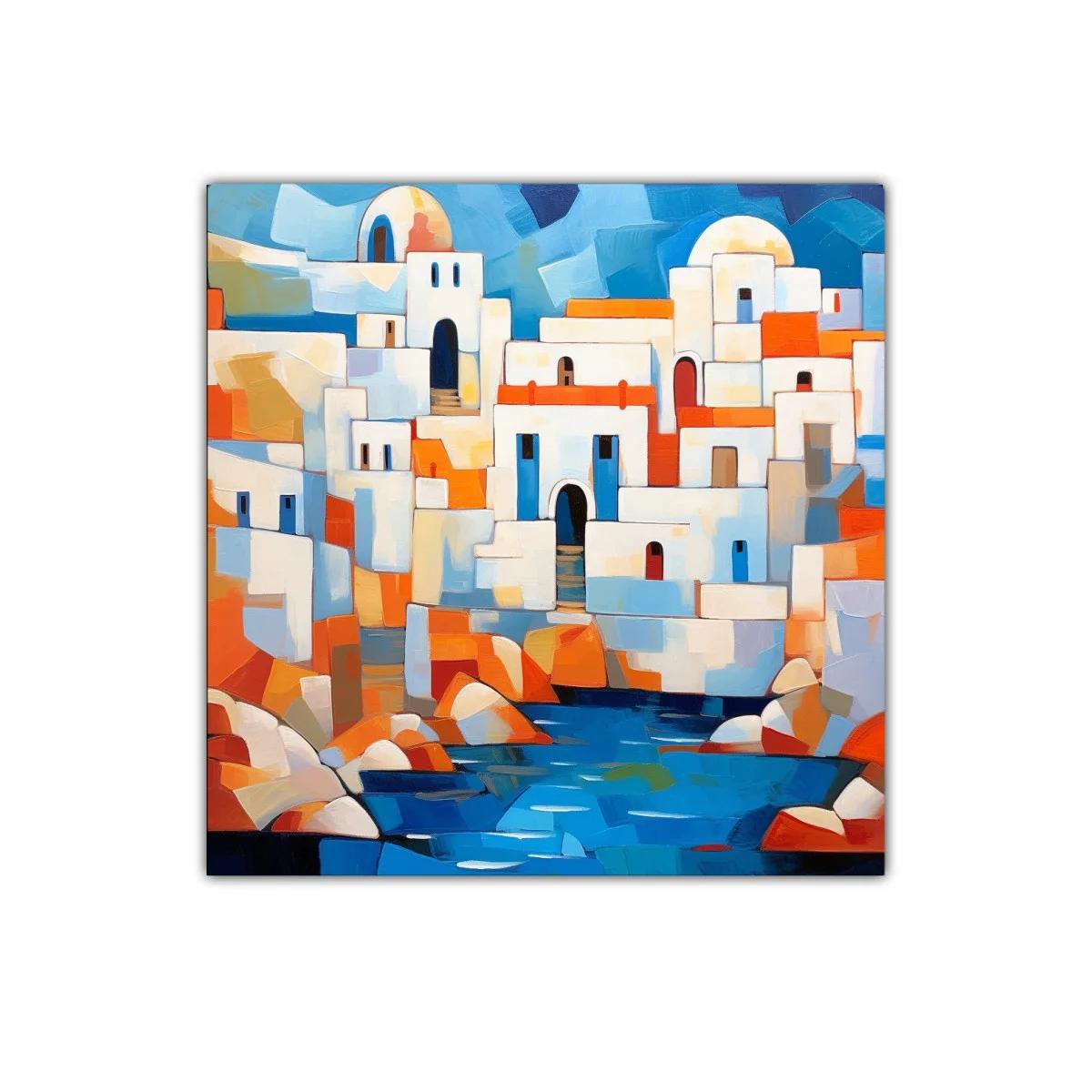Pueblo Mediterráneo en vibrantes tonos azules y naranjas