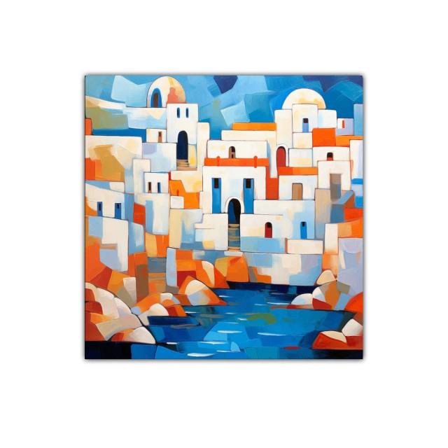 Pueblo Mediterráneo en vibrantes tonos azules y naranjas