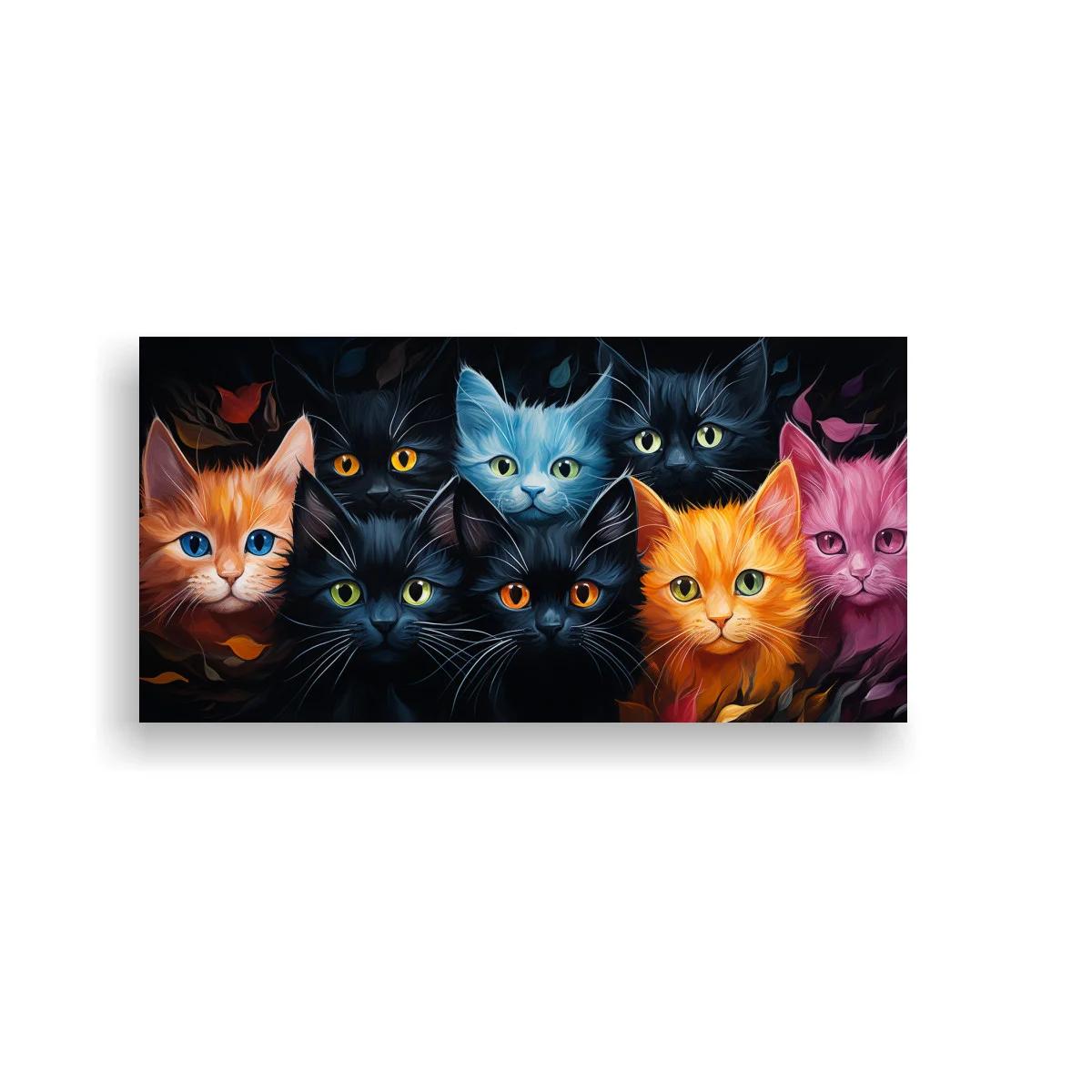 Cuadro grupo de gatos de colores sobre fondo oscuro