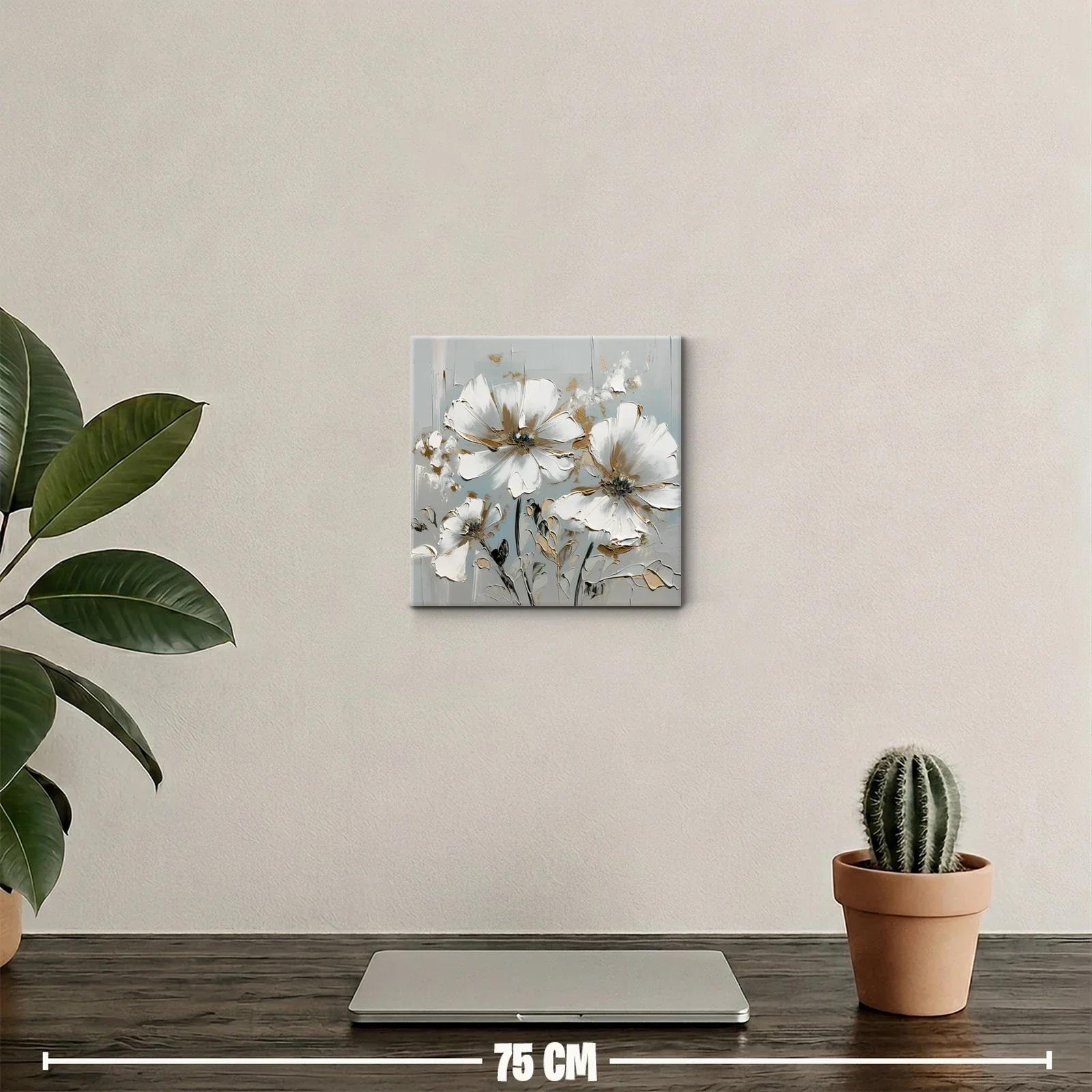 Cuadro decorativo flores blancas con toques dorados y fondo gris — miniatura 2