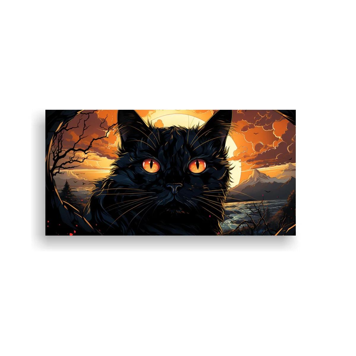 Cuadro gato negro de ojos naranjas con halo luminoso
