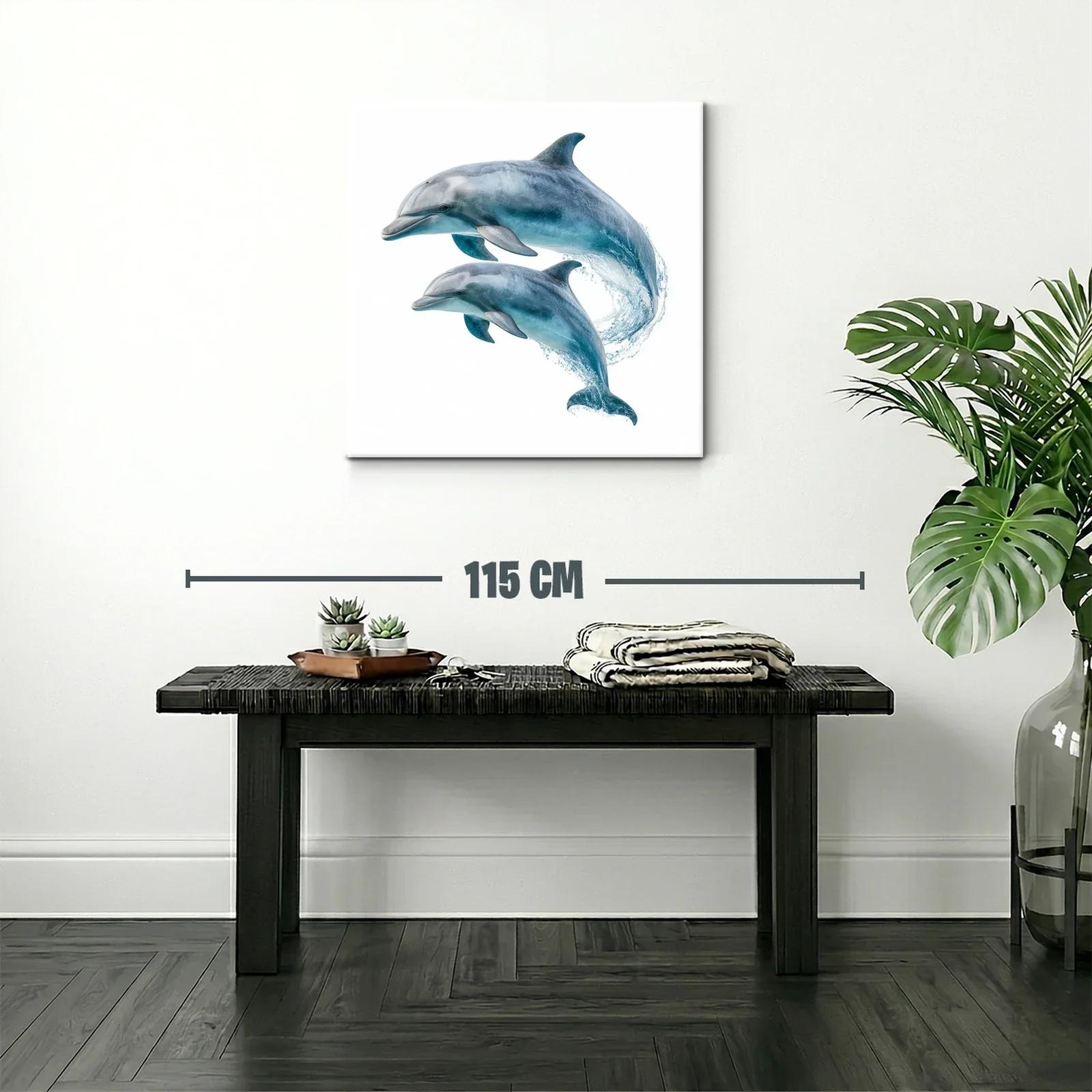 Cuadro de delfines saltando en tonos azules y grises — miniatura 2