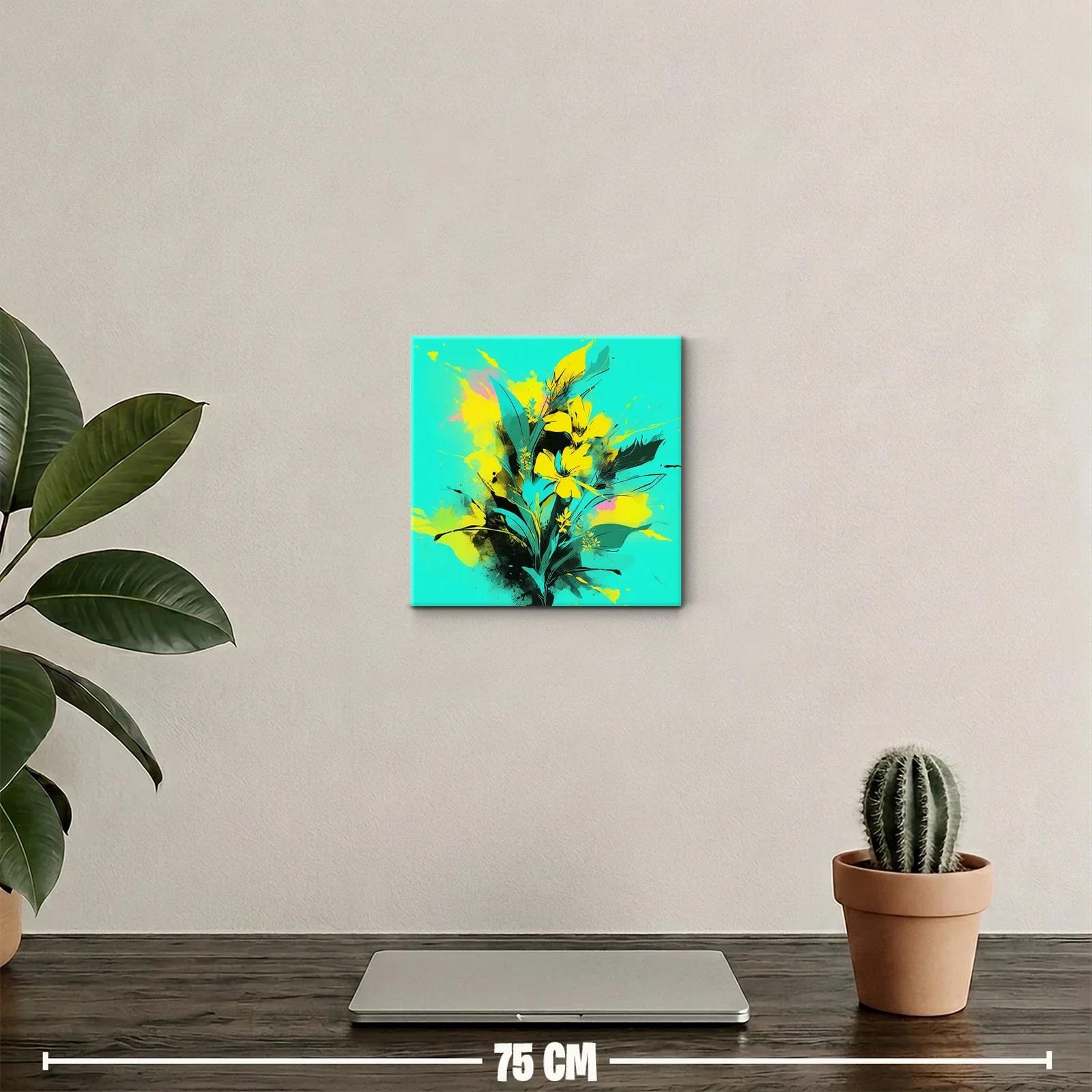 Cuadro moderno con flores amarillas vibrantes y fondo turquesa — miniatura 2