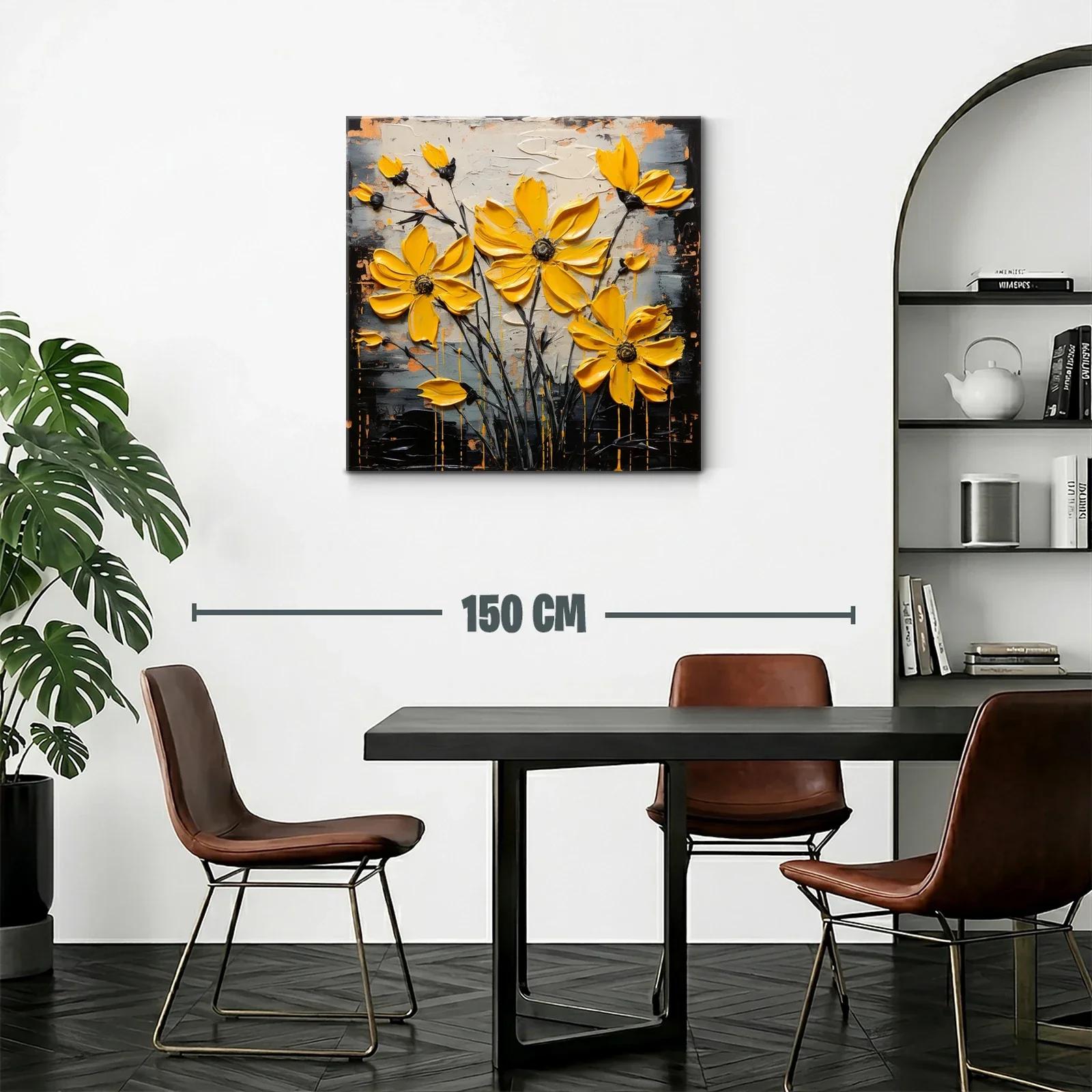 Cuadro moderno con flores amarillas vibrantes y fondo abstracto — miniatura 2