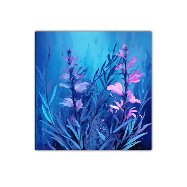 Cuadro floral con tonos azules y rosas vibrantes