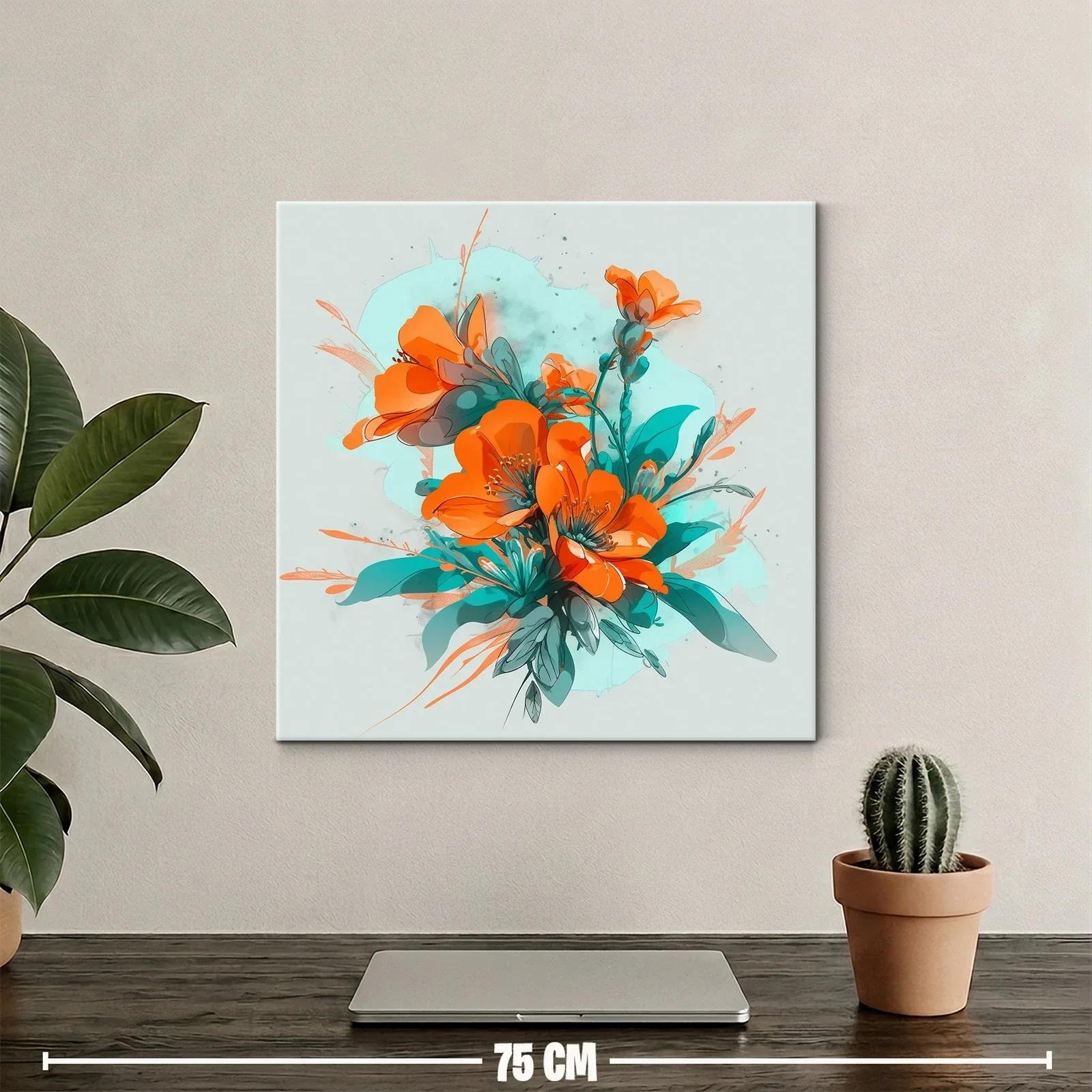 Cuadro floral con vibrante combinación de naranjas y turquesas — miniatura 2