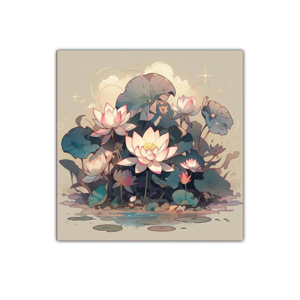 Cuadro decorativo con flores de loto delicadas y etéreas
