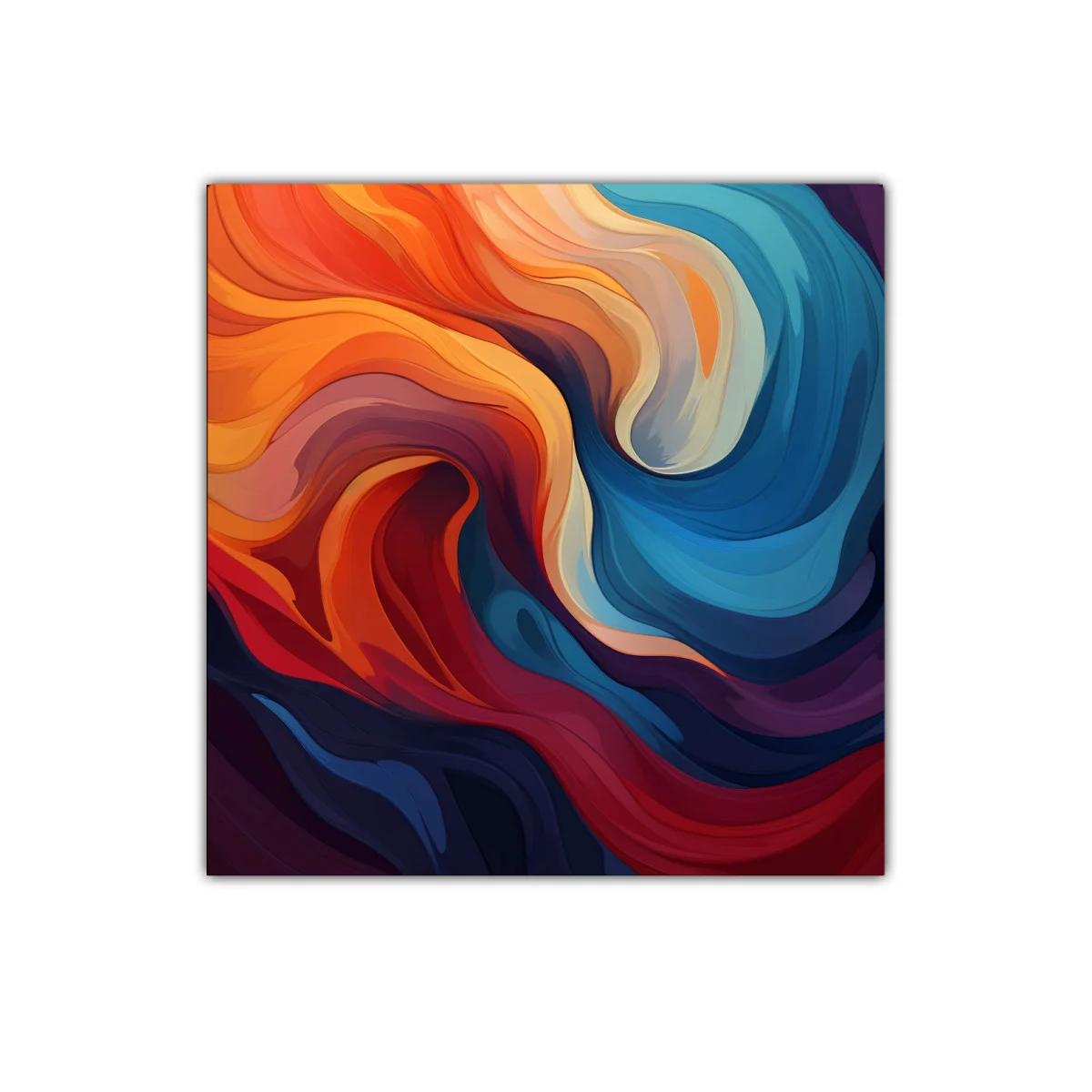 Cuadro Abstracto con Ondas en Tonos Cálidos y Fríos