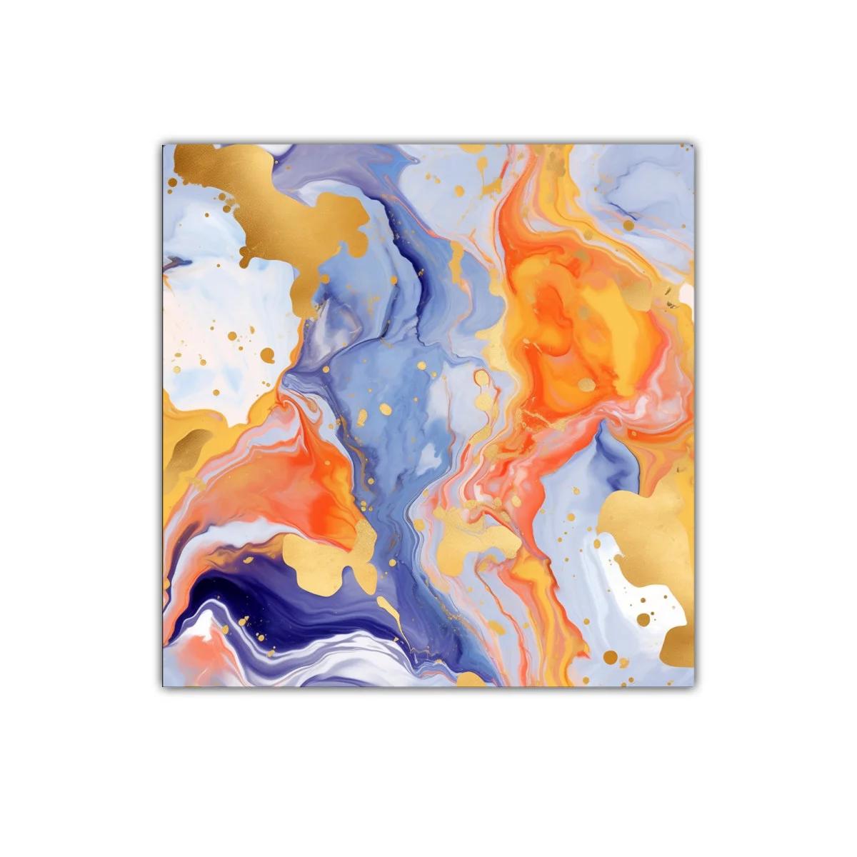 Cuadro abstracto en tonos cálidos y azules con detalles dorados