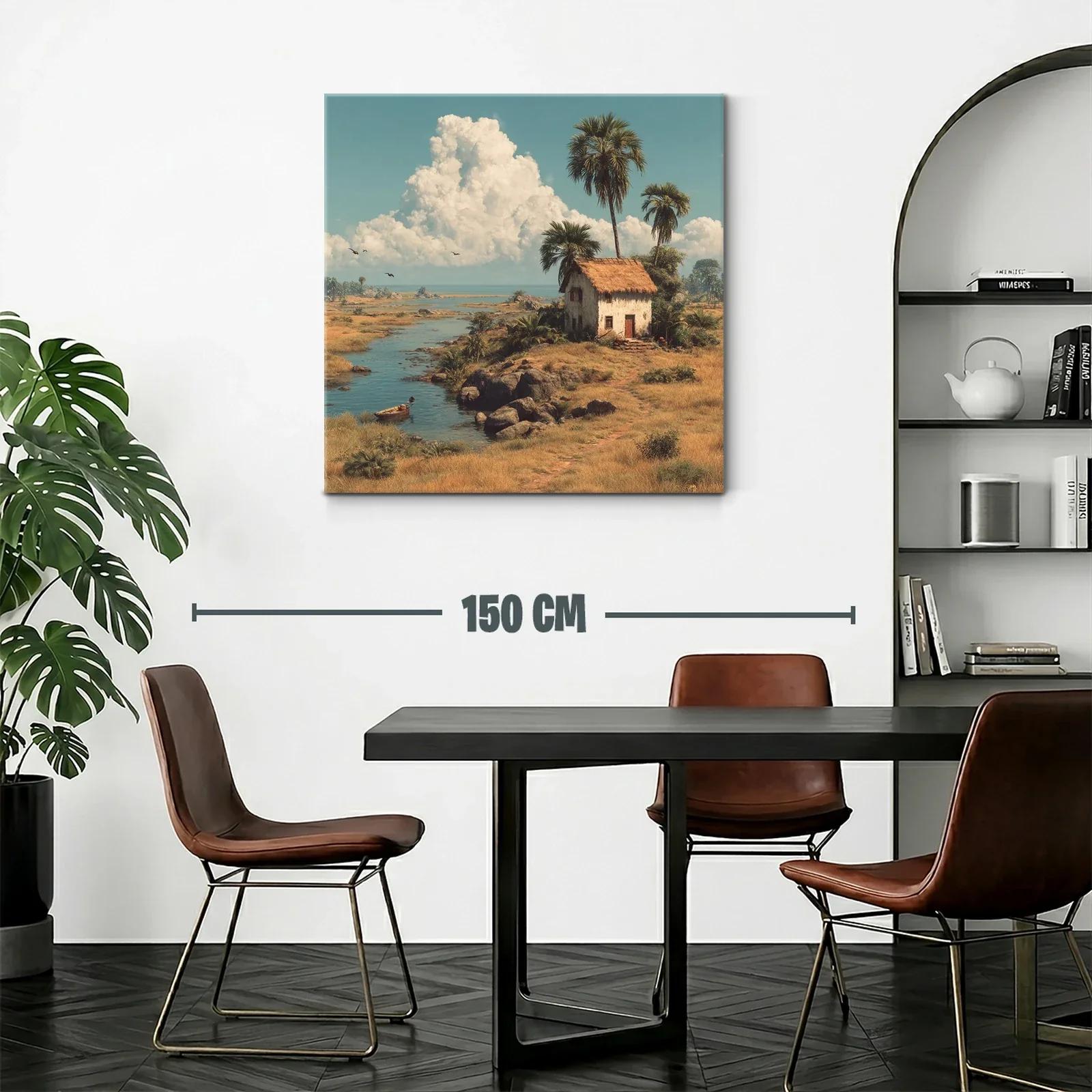 Paisaje rural con casa junto al río y palmeras altas — miniatura 2