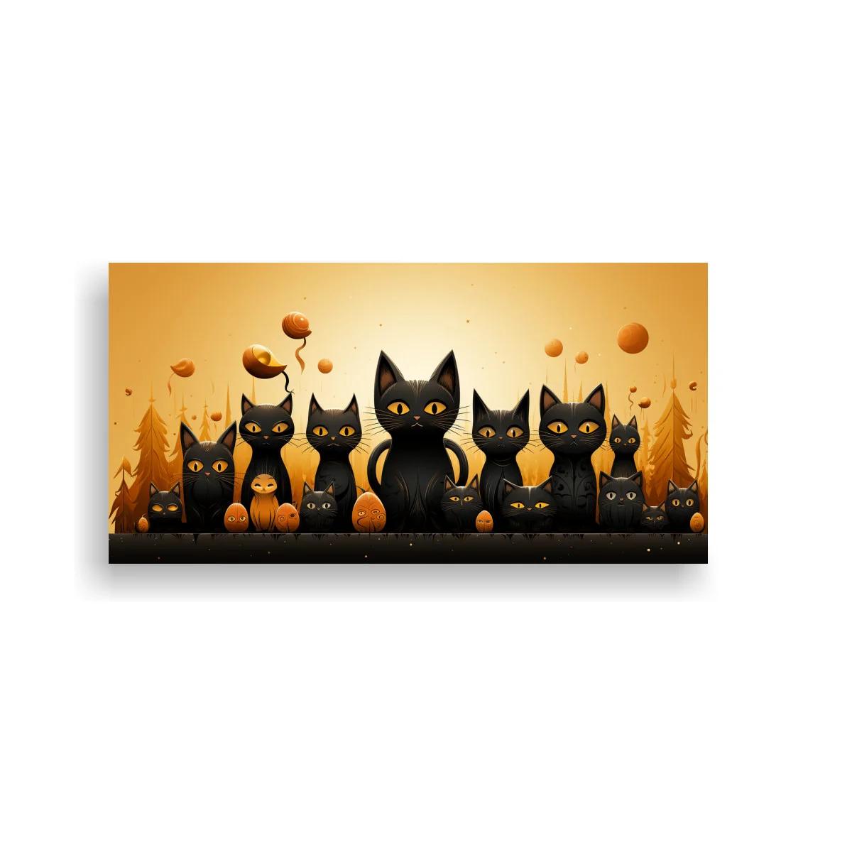 Cuadro grupo de gatos negros con calabazas