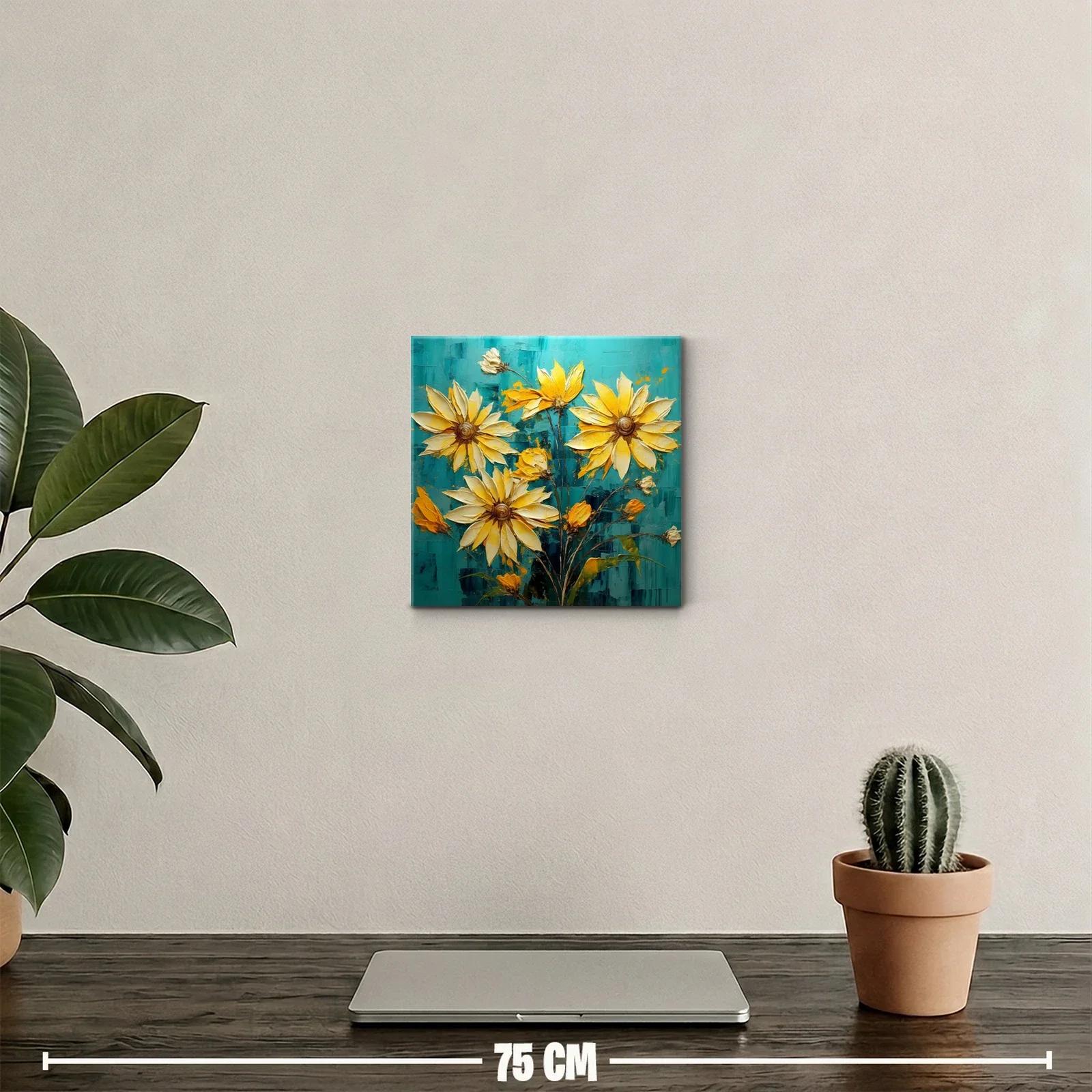 Cuadro con vibrantes flores amarillas sobre fondo azul — miniatura 2