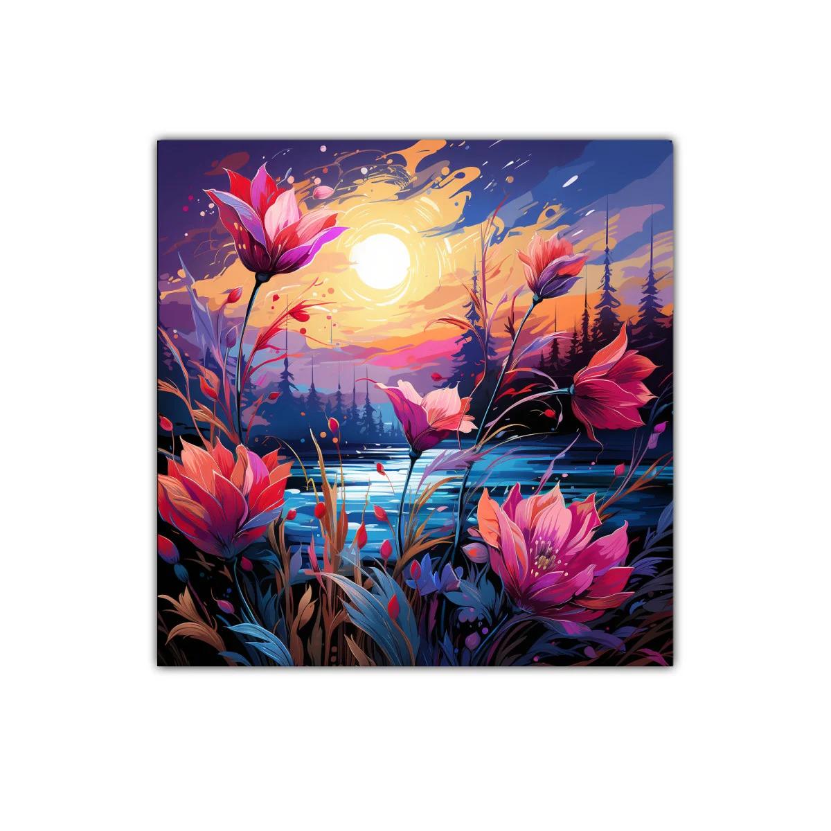 Floración vibrante al atardecer junto al lago sereno — imagen principal