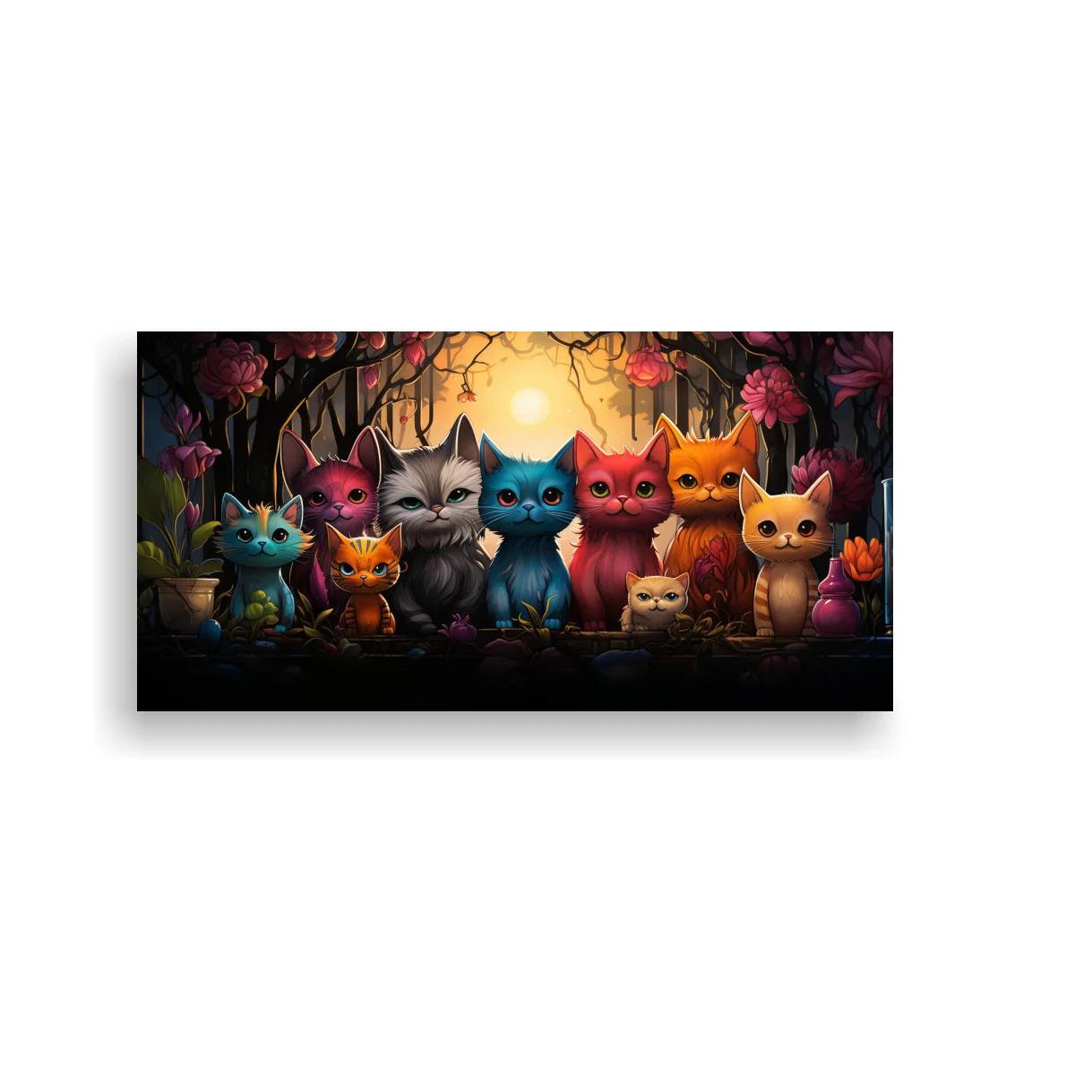 Cuadro grupo de gatos de colores en bosque luminoso — imagen principal