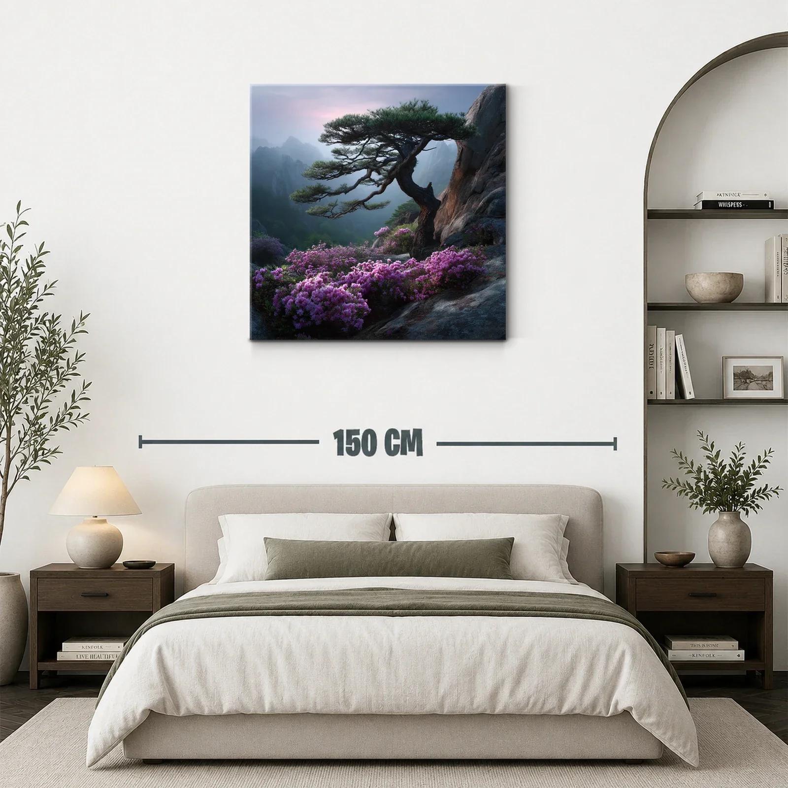 Paisaje sereno con árbol y flores sobre rocas en montaña — miniatura 3