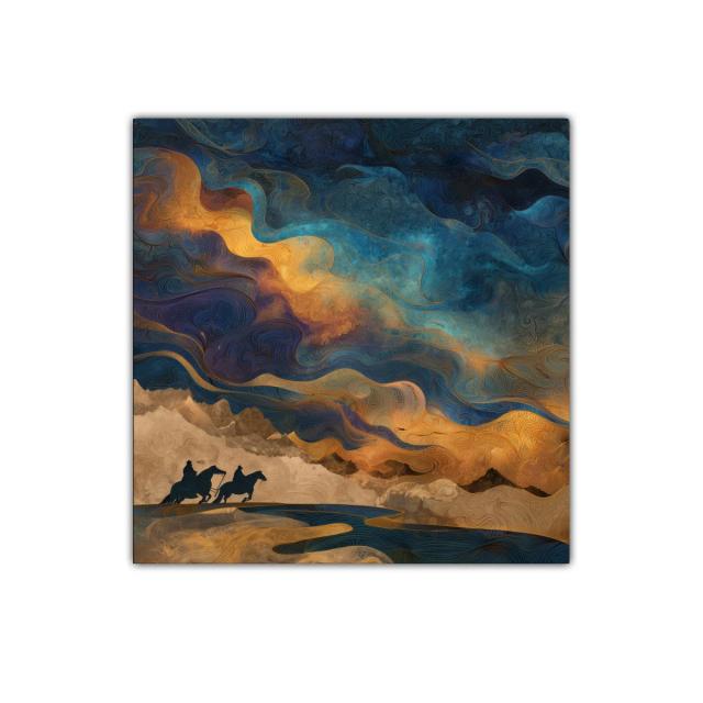Paisaje onírico con jinetes bajo un cielo vibrante