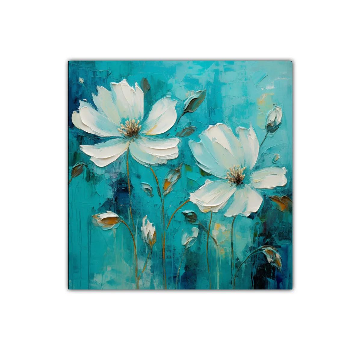 Cuadro floral con flores blancas sobre fondo azul turquesa — imagen principal