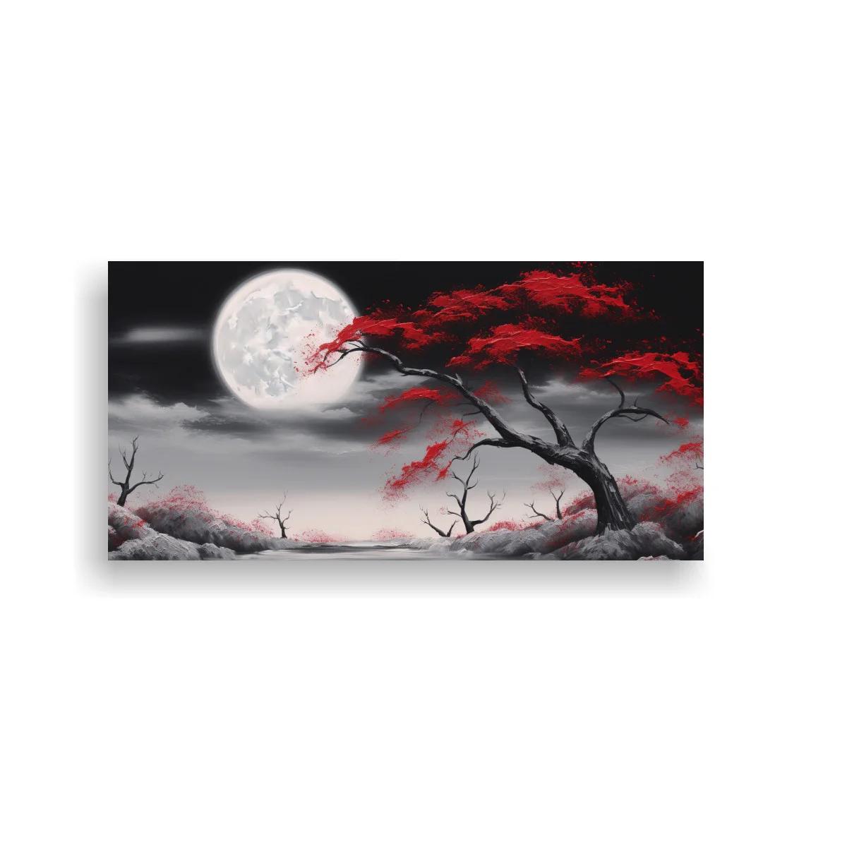 Cuadro árbol rojo bajo la luna llena