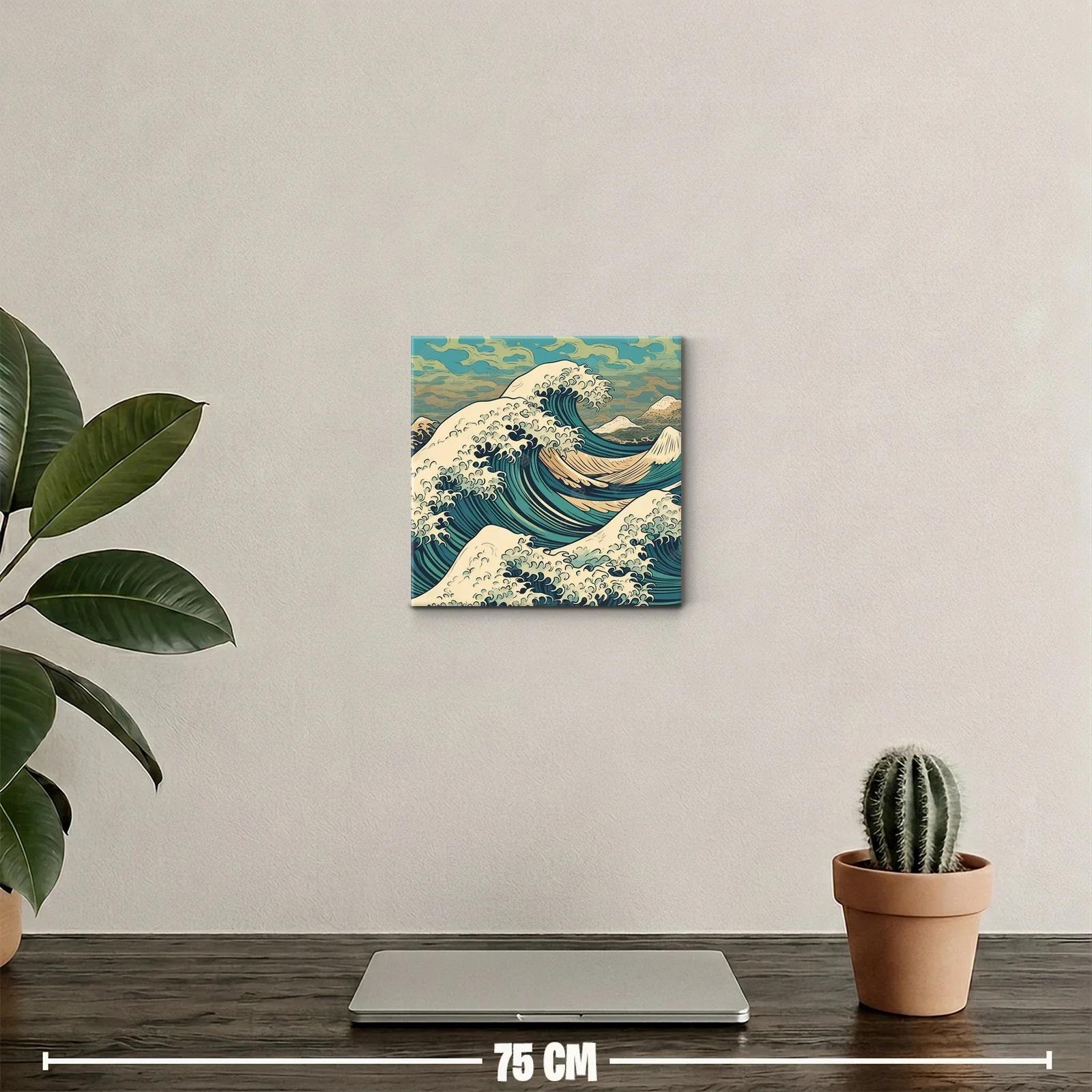 Cuadro decorativo con ola y paisaje montañoso en tonos azules — miniatura 2