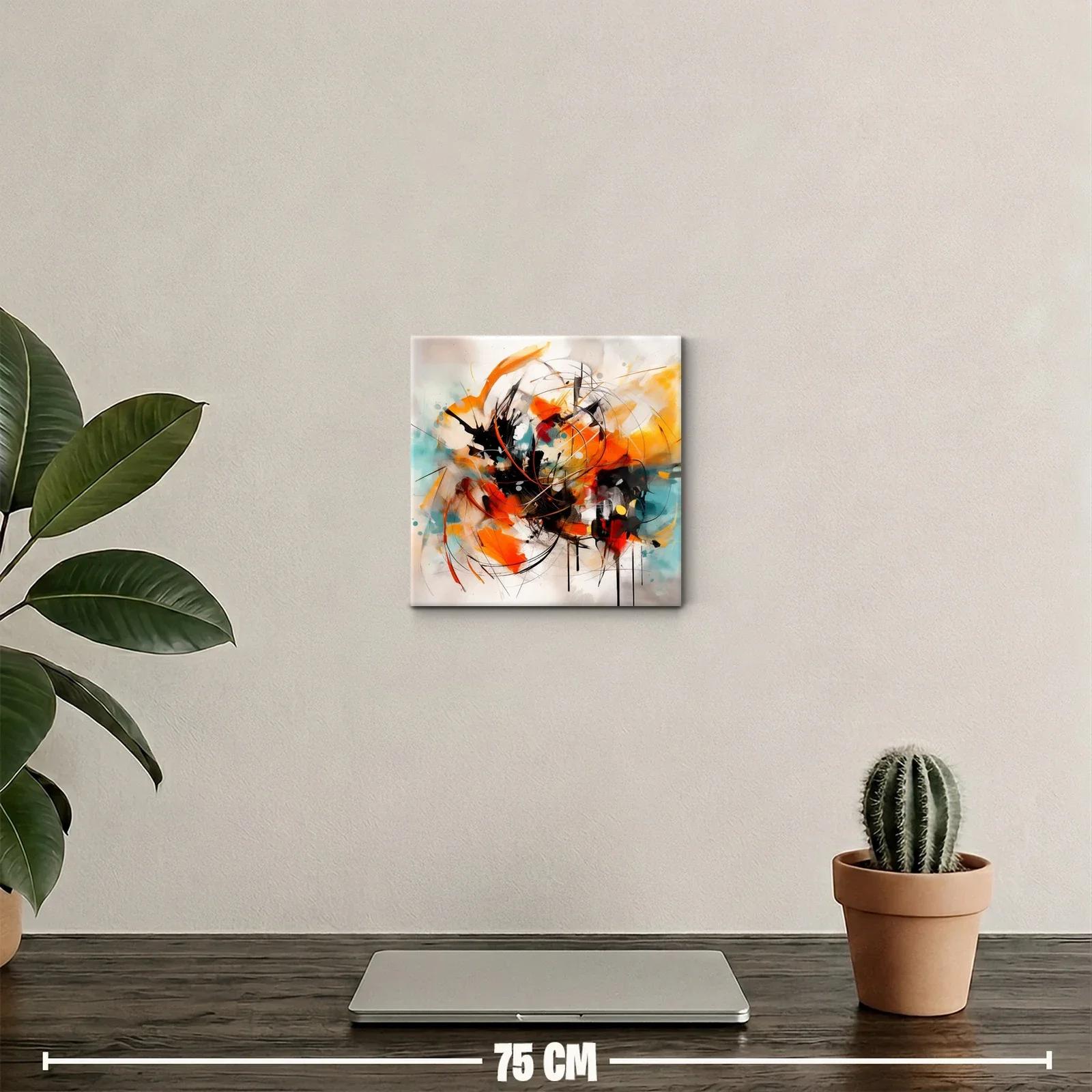 Cuadro abstracto con trazos vibrantes en naranja y turquesa — miniatura 2