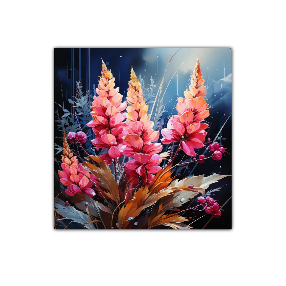 Cuadro floral vibrante con tonos cálidos y azul profundo — imagen principal