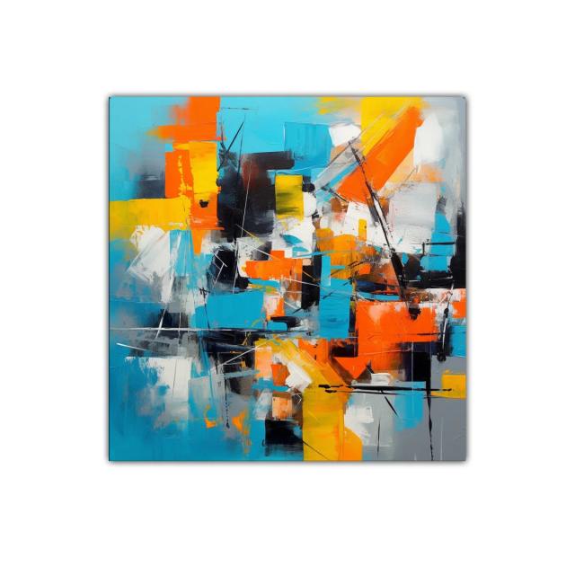 Cuadro abstracto con vibrantes tonos azul naranja y amarillo