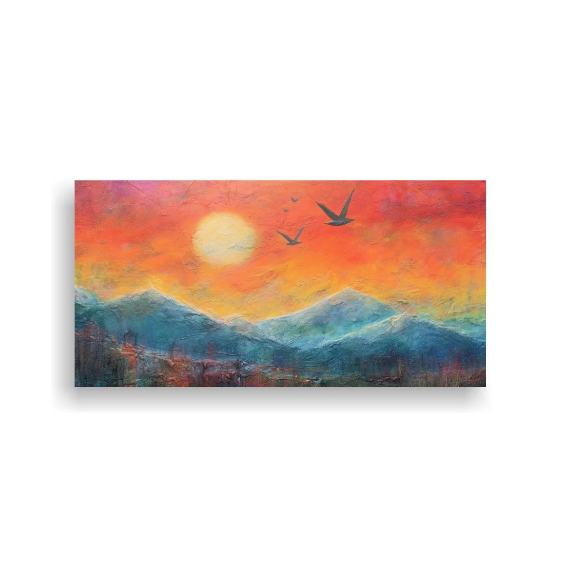 Cuadro paisaje de montañas al atardecer con sol y aves