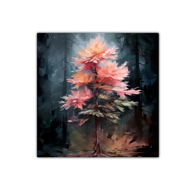 Árbol con flores en tonos cálidos sobre fondo oscuro