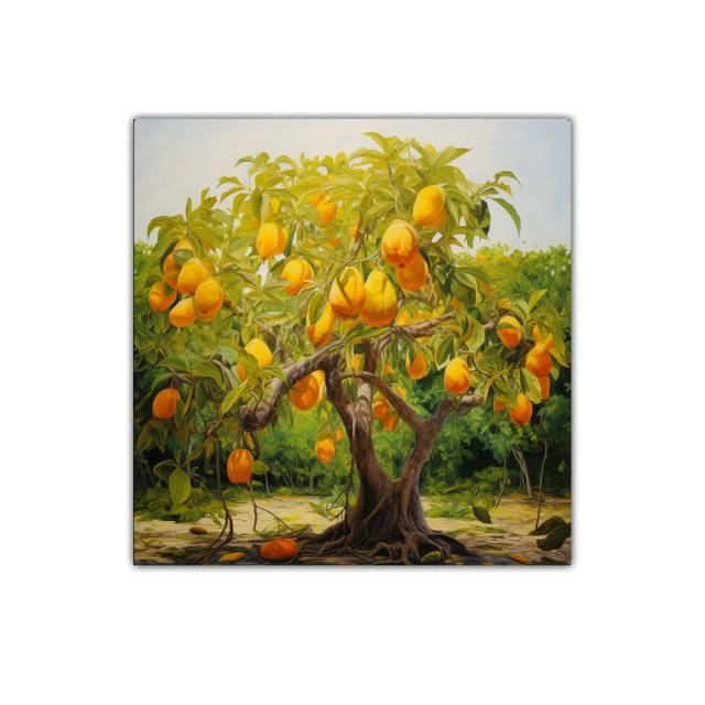Árbol de frutas doradas en paisaje natural vibrante