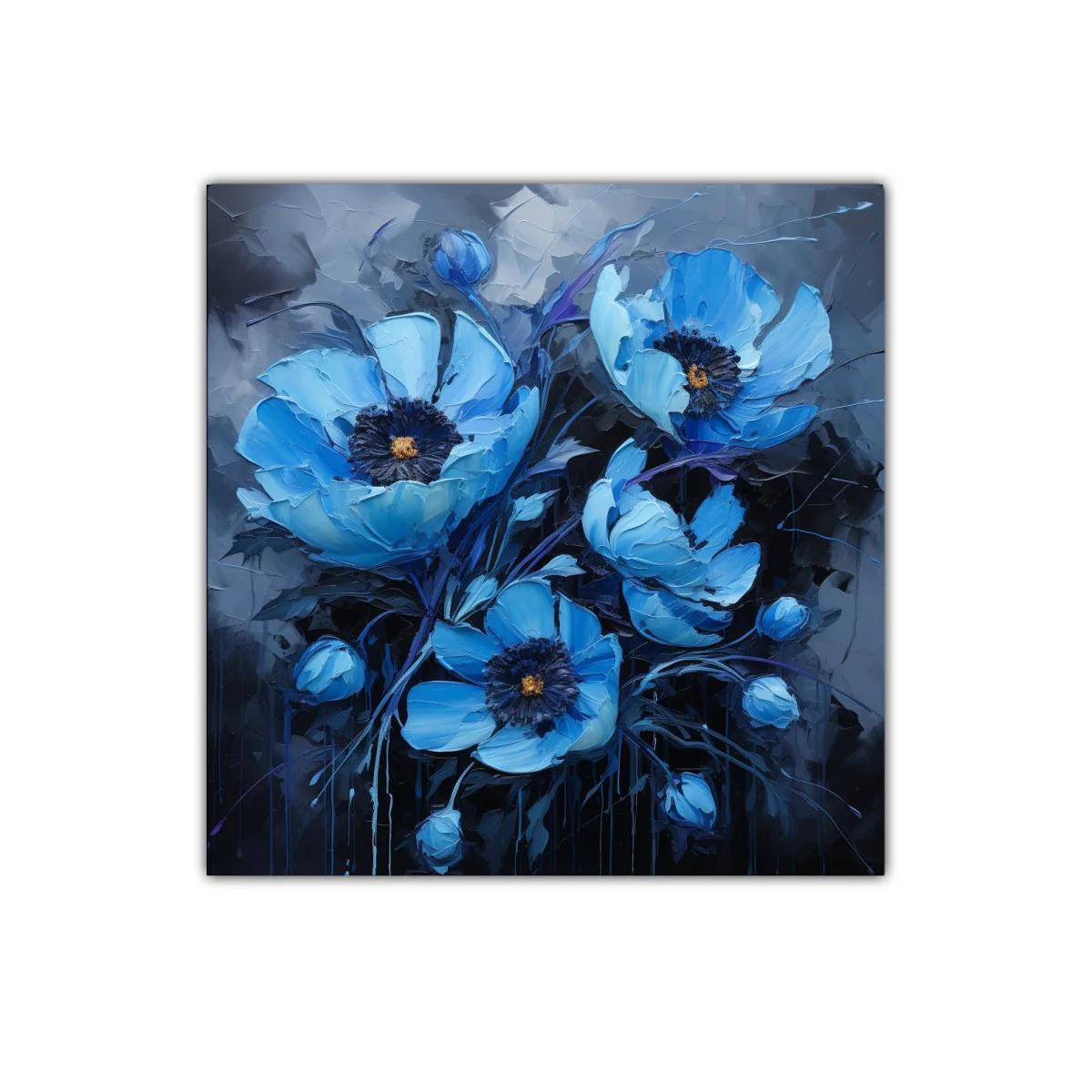 Cuadro decorativo con flores azules en atmósfera oscura